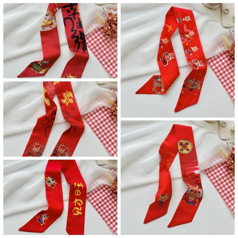 Printed New Year Red Silk Scarf Hair Tie New Year Scarves Long Scarf Dragon Pattern Collocation Clothing Accessories