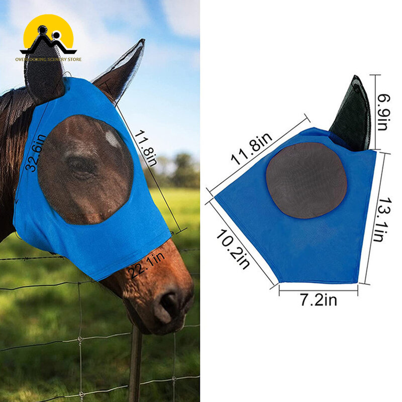 Máscara de malla antimoscas para caballos, mascarilla elástica con orejas cubiertas, nariz larga con orejas, 1 unidad