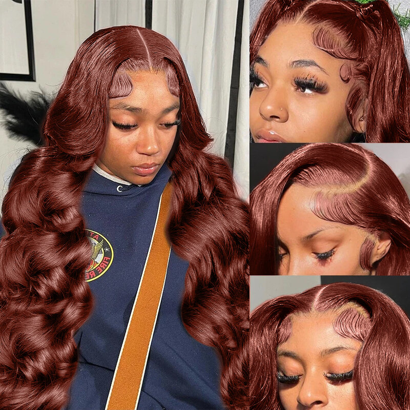 Pelucas frontales de encaje transparente para mujer, cabello humano brasileño, marrón rojizo, rojo oscuro, marrón, onda corporal, 13x6, HD