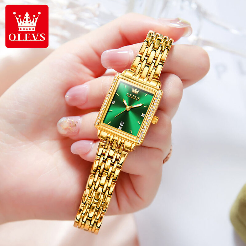 OLEVS Women's Watches Gold Rectangular Dial Quartz Watch Diamond Calendar Waterproof Elegant Original Brand Lady Wristwatch New