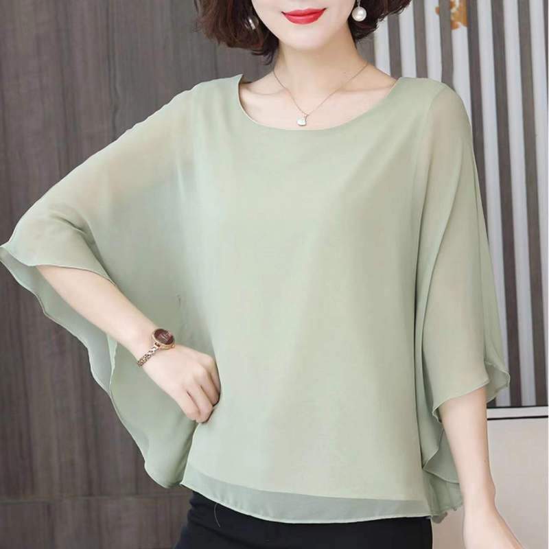 2024 New Summer Elegant and Stylish Simple Round Neck Loose and Casual Oversize Versatile Solid Color Bat Sleeve Shirt for Women
