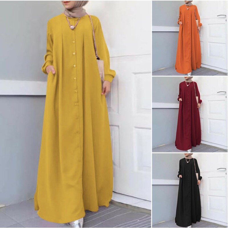 Vestido maxi de manga comprida feminino, botões túnica, Abaya muçulmano, roupa de Dubai, Y2K INS