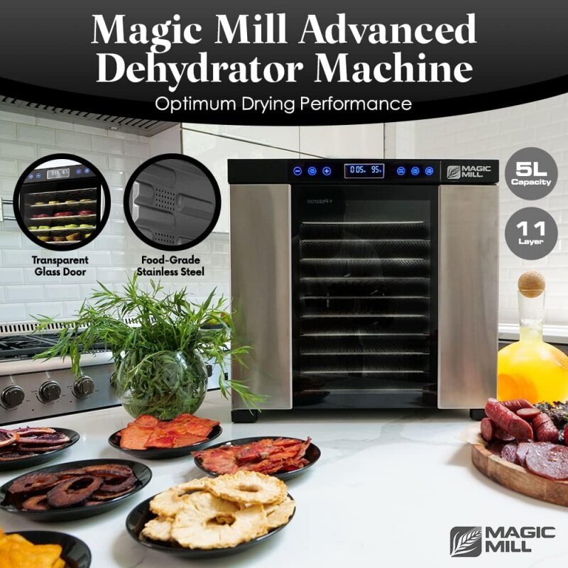 Mesin dehidrator makanan Magic Mill | 11 nampan Stainless Steel | Pengatur waktu dan kontrol suhu yang dapat disesuaikan | Jerky, ramuan, daging, Be