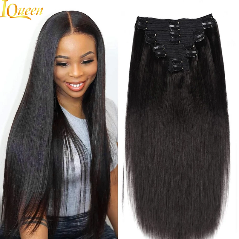 Brazilian Straight Clip-In extensões de cabelo, 100% cabelo humano, cabelo humano virgem, cor preta natural, cabelo Remy, 120g, 8 peças