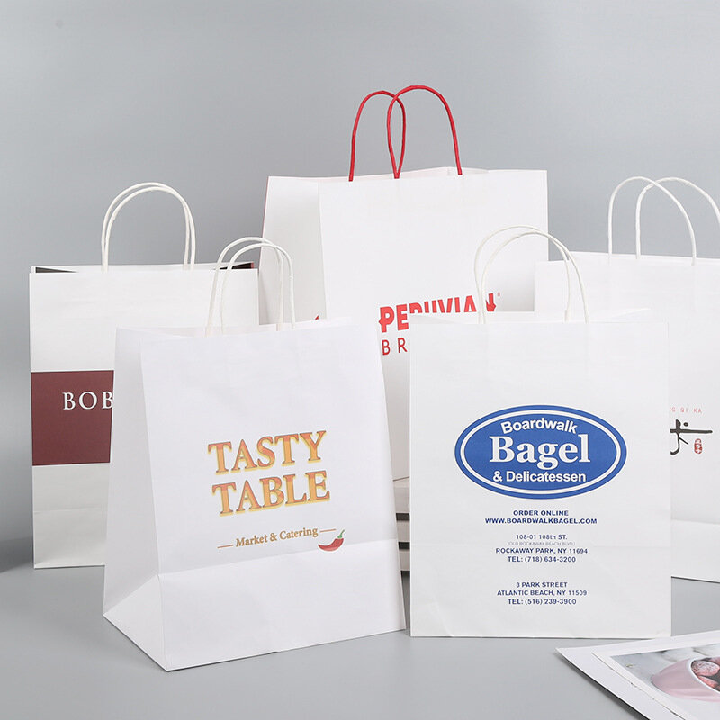 Prodotto personalizzato, sacchetto di carta kraft per la spesa marrone bianco stampato personalizzato con manico il ristorante effettua per andare in borsa veloce