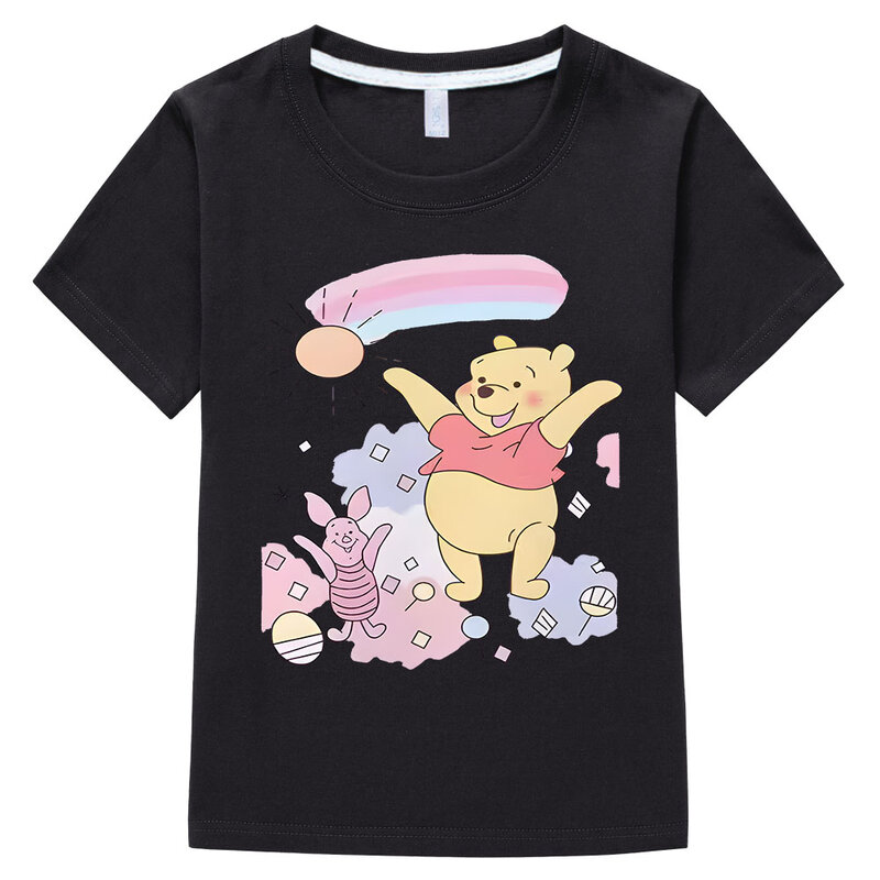 Милая Детская футболка с мультяшным принтом медведя Винни, Kawaii, футболка для девочек, детская одежда 2024, летние топы с коротким рукавом для маленьких мальчиков