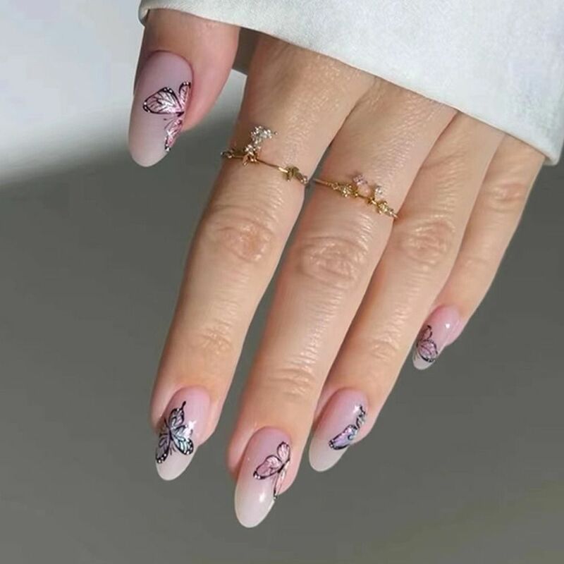 24 szt. Owalne sztuczne paznokcie francuskie migdałowe motylki na paznokcie sztuczne paznokcie do Manicure odpinane końcówki do paznokci