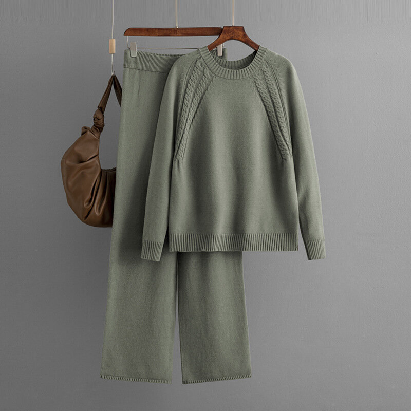 Комплект из двух предметов, женский топ и брюки, осень/зима 2024, однотонный вязаный свитер, комплекты свободных брюк с широкими штанинами, пижама, женская уличная одежда
