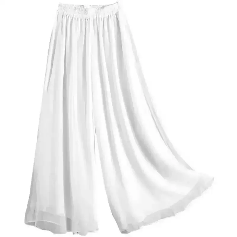 WTEMPO-Pantalon à jambes larges pour femme, double couche, fluide, polyvalent, taille haute, fjadt, court, pantalon en mousseline de soie