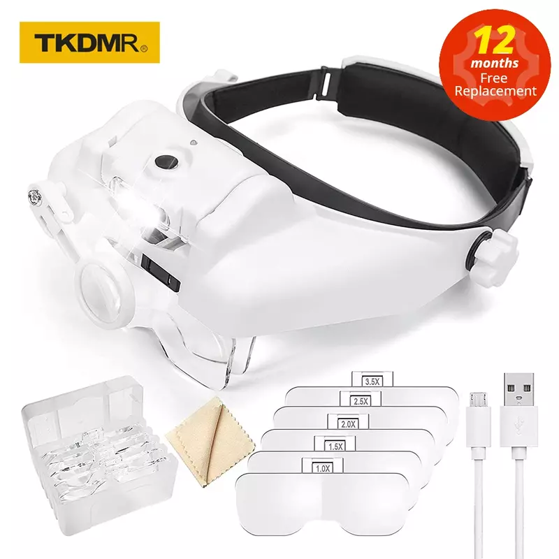 TKDMR USB Isi Ulang Daya Terpasang Di Kepala Kacamata Teropong Pembesar Lup dengan 3LED Ikat Kepala Bercahaya Kaca Pembesar untuk Membaca