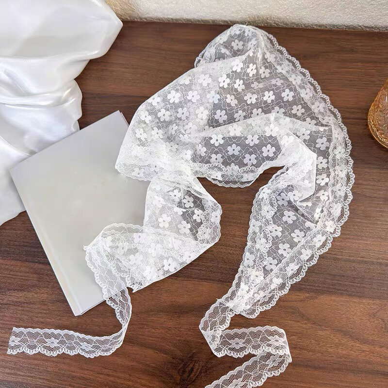 White Woven Floral Lace Hair Scarf Wraps Women Retro Triangle Headscarf Hat Travel Photo Headband Hair Accessories