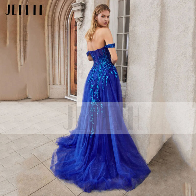 Женское вечернее платье JEHETH, синее Сверкающее Тюлевое платье с блестками, открытыми плечами, высоким разрезом и открытой спиной, ТРАПЕЦИЕВИДНОЕ ПЛАТЬЕ для вечеринки