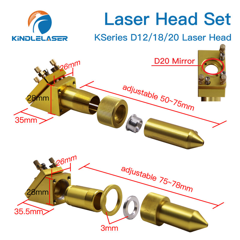 KINDLELASER-Juego de cabezales láser Serie K CO2, lente ZNSE Dia.12/18/20mm Si Mirror Dia 20mm para máquina cortadora de grabado láser K40