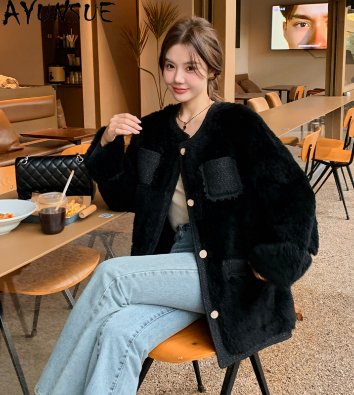 AYUNSUE shear Jacket donna autunno inverno girocollo 100% giacche di lana per donna cappotto di pelliccia donna cappotti di lana di media lunghezza