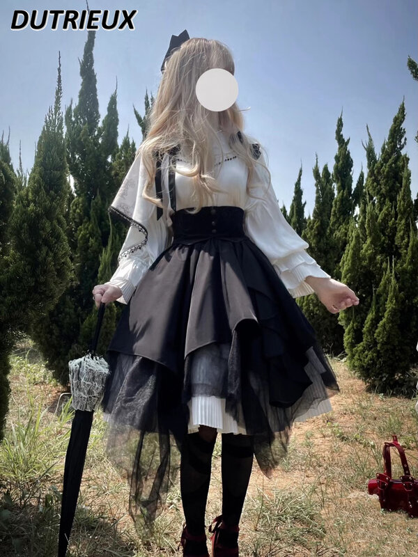 Lolita camisa branca de manga comprida e comprimento médio com saia Cos 2 conjuntos de roupas femininas, terno de festa de Halloween, primavera e outono