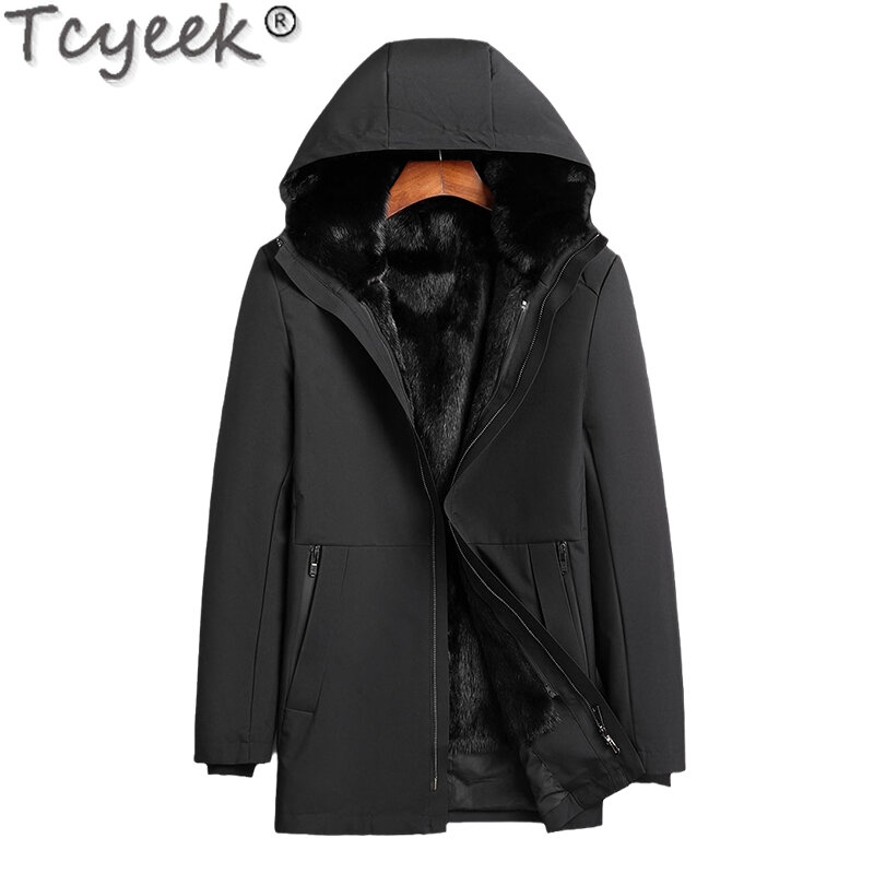 Tcyeek-معطف فرو حقيقي دافئ للرجال ، جاكيت شتوي ، بطانة من فرو المنك الطبيعي ، سترة متوسطة الطول ، معاطف غير رسمية ، ملابس عصرية
