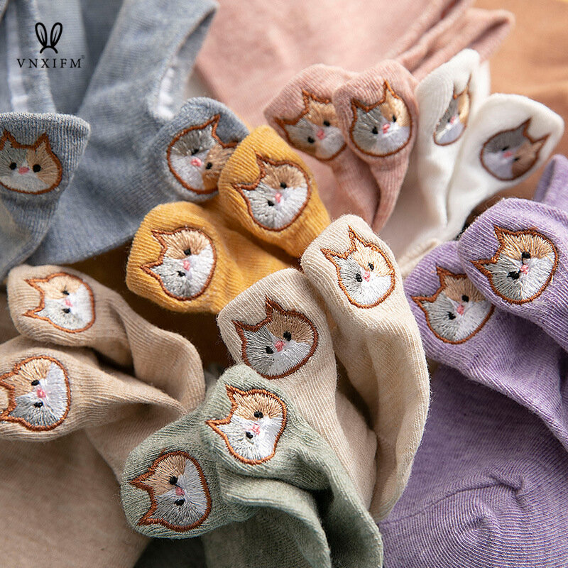 Meias bordadas para gato cartoon para mulheres, algodão puro, orelhas pequenas, meias tridimensionais para barco de lazer, nova moda