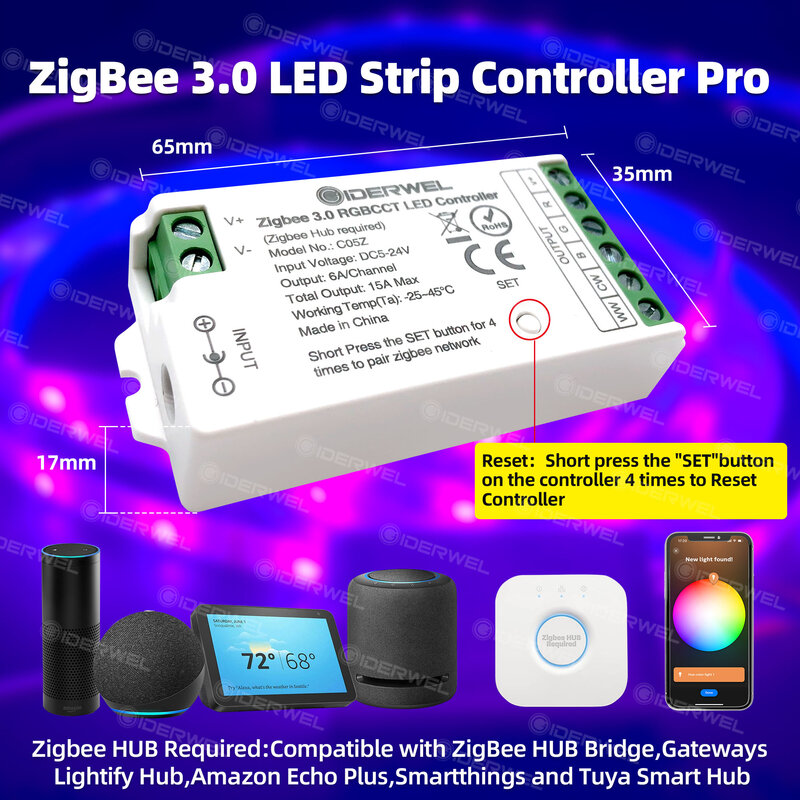 Smart LED Strip Light Zigbee 3.0 Controller RGB/CW/WW Color Changing Work with Zigbee Hub and Echo Plus dimmable Ambient Light