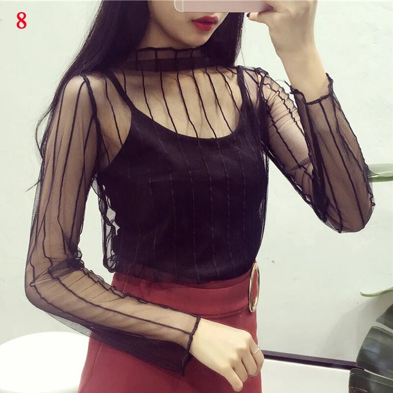 Nero Sexy donna manica lunga See Through Mesh Sheer Party Clubwear Shirt top 2019 camicie T-Shirt in pizzo donna dolcevita T-Shirt