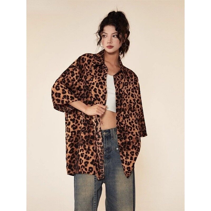 Deeptown Leopard Vintage Shirt Women Animal Print Short Sleeve Blouse Y2k Summer Oversized  Korean Fashion Streetwear Hip Pop