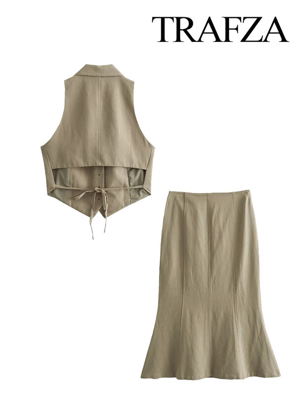 TRAFZA-Women's Turn-Down Collar Sleeveless Lace-Up Single Breasted Waistcoats, High Waist Zipper Skirts, Summer Fashion Suits