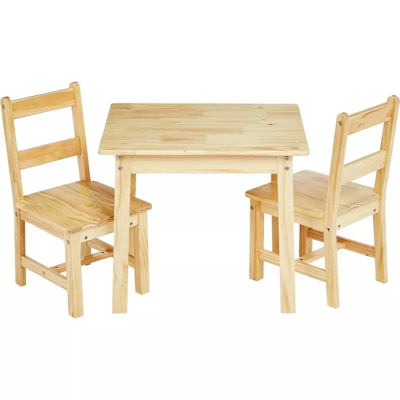 Meja kayu Solid anak dan 2 kursi, 3 Set, 20x24x21 inci, Natural