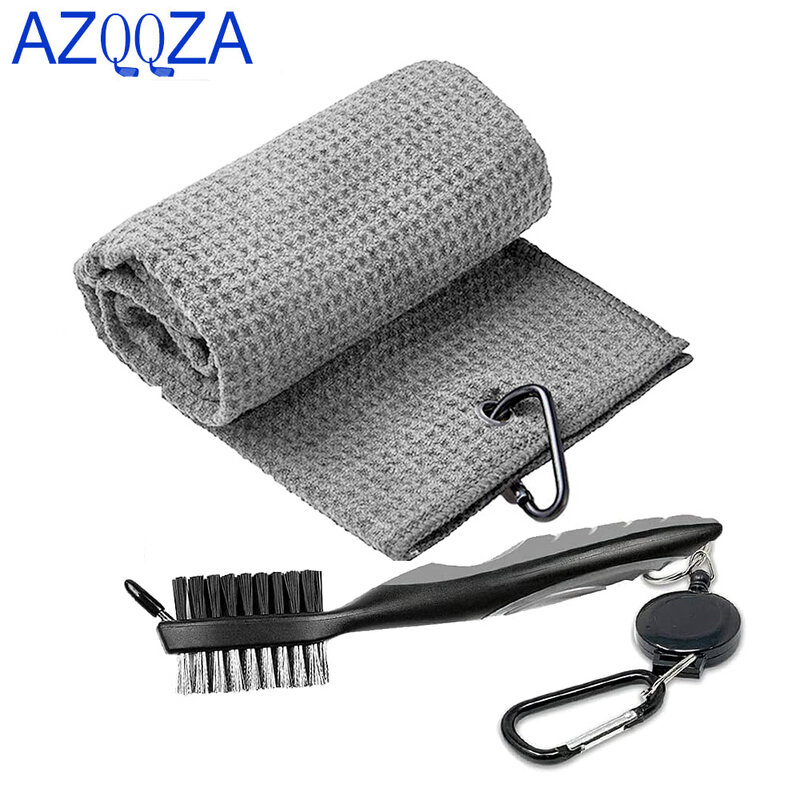 2Pc Microfiber Waffle Pattern Tri-fold Golf Towel | Brush Tool Kit with Club Groove Cleaner, Retractable Extension Cord and Clip