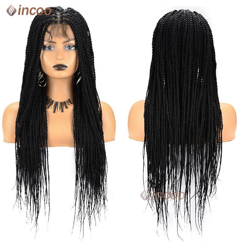 Pelucas sintéticas de encaje Frontal completo para mujeres negras, peluca trenzada con caja, trenzada, trenza de diosa, 36"