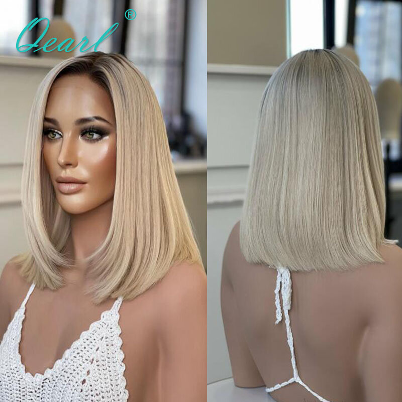 Platynowy blond peruka prawdziwe ludzkie włosy brazylijski dziewiczy włosy sprzedaż Ombre prosto peruki typu Lace front dla kobiet peruka z krótkim bobem Qearl