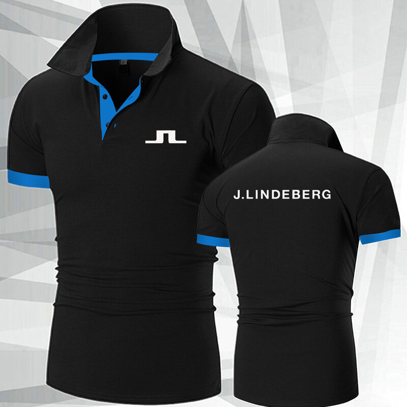Kaus Polo Golf pria, pakaian bisnis pria, kaus Polo leher rajut, kaus lengan pendek nyaman J Lindeberg