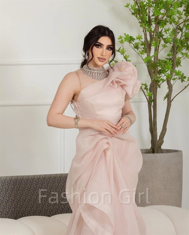 Elegant Simple Pink One-shoulder A-line Floor Length Evening Dresses Flower Organza Formal Occasion Gown Prom Dresses Custom