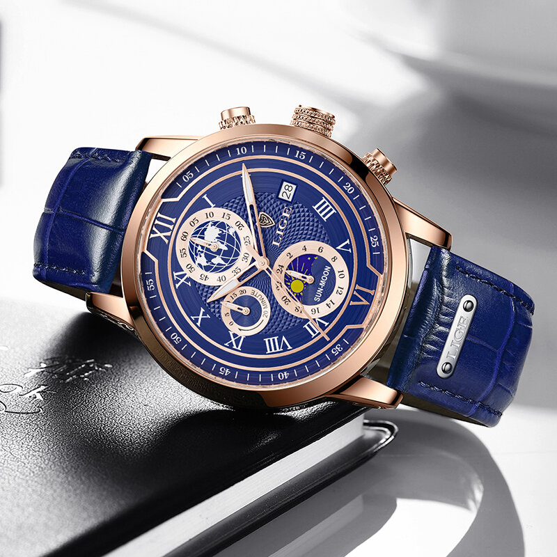 LIGE – montre-bracelet en cuir pour hommes, nouvelle mode, étanche, lumineuse, marque de luxe, à Quartz, avec boîte, 2022