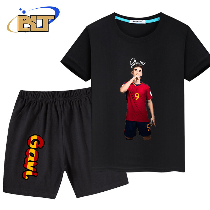 Gavi-Terno esportivo preto para crianças, camiseta e calças estampadas, shorts de manga curta, roupas de verão, conjunto de 2 peças