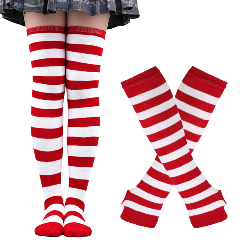 Womens Striped Stocking Socks Knee High Socks Thigh High Over The Knee Hosiery Arm Warmer Fingerless Gloves Set