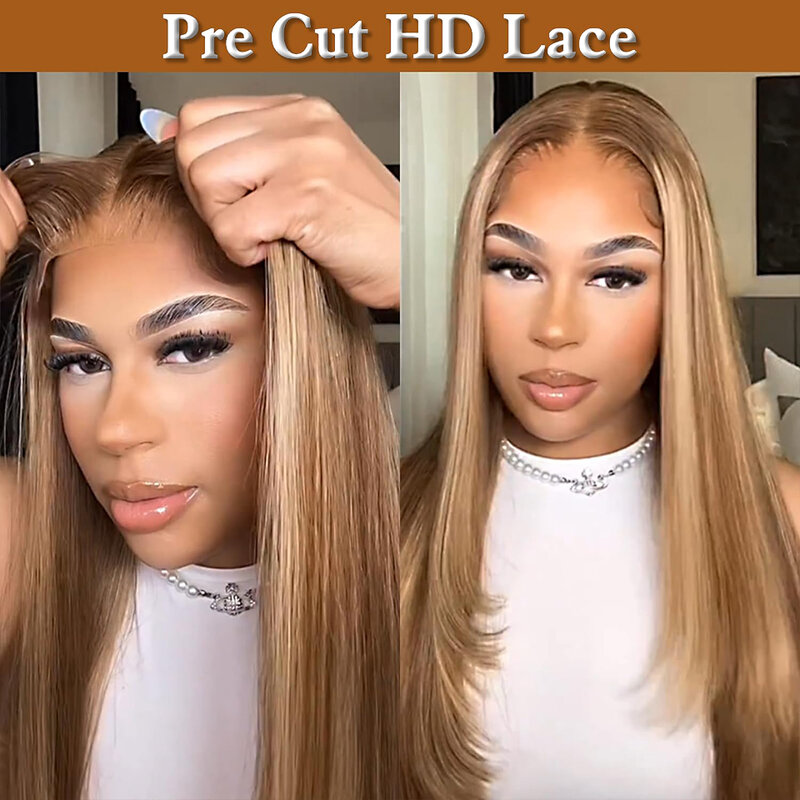 Ombre Highlight Lace Front Wig, perucas de cabelo humano retas coloridas, HD Transparente Lace Frontal Perucas, 13x4, 18-30 in, 4/27