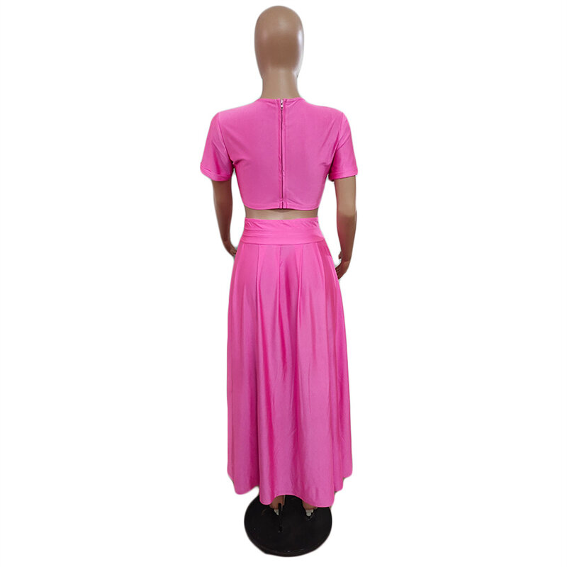 Adogirl Solide Zweiteilige Set Kleid Frauen Sommer Outfits O Hals Kurzarm Crop Top Hohe Split Maxi Plissee Rock party Anzug