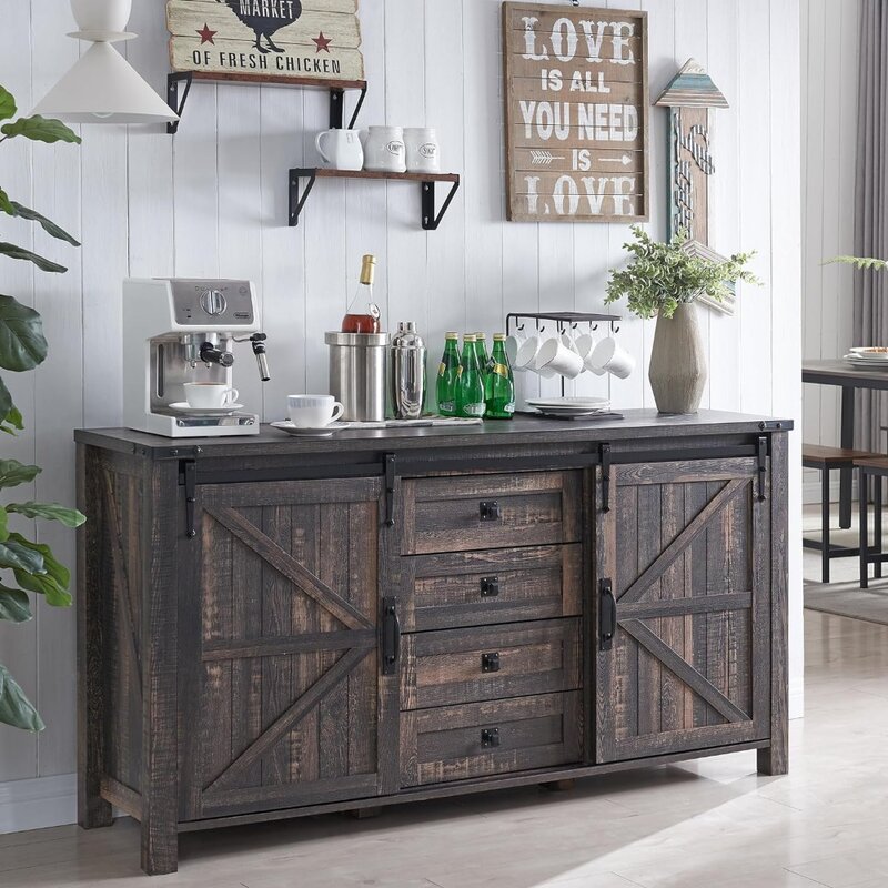 Farmhouse Sideboard Buffet Cabinet with Storage, 60" Large Kitchen Cabinet w/Sliding Barn Doors and 4 Drawers, 31.2''