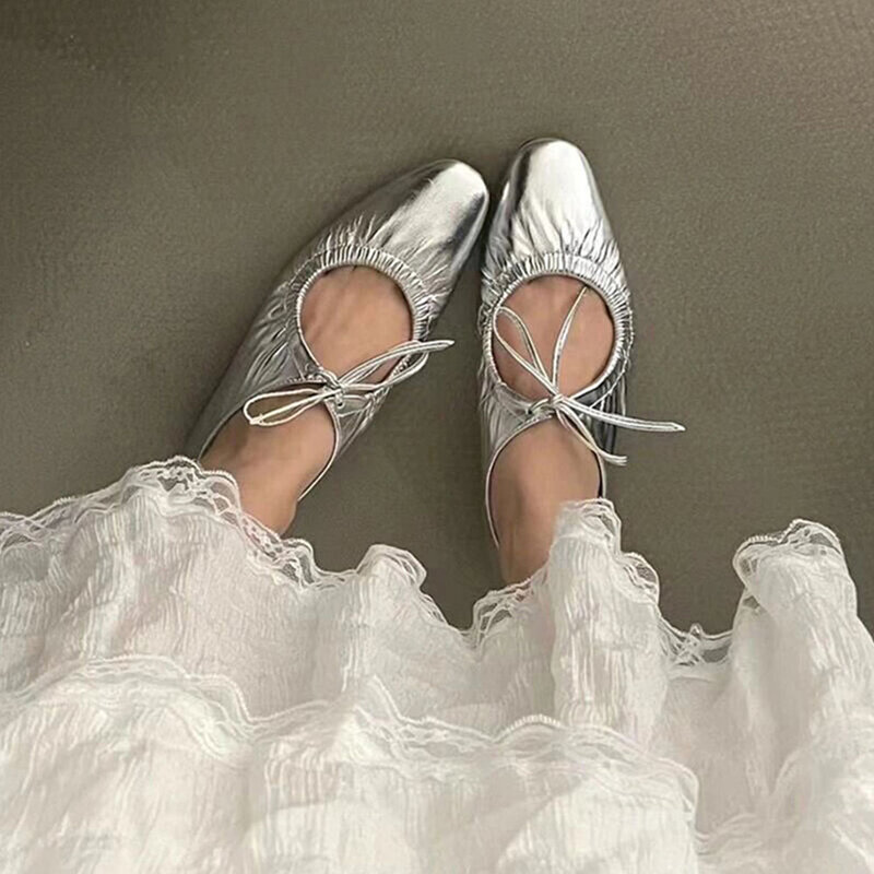 Балетки женские с металлическим узором, Туфли Мэри Джейн, квадратный носок, элегантная повседневная Милая обувь на плоской подошве, весна-лето