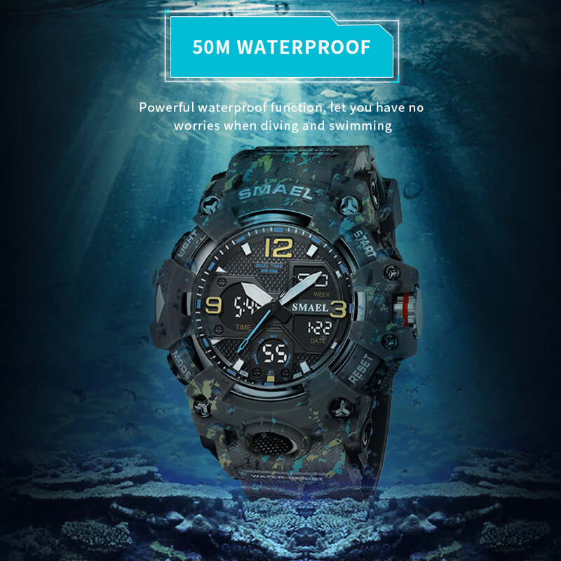 Smael腕時計スポーツミリタリー腕時計防水50メートルledライト週表示腕時計8008クォーツ時計デジタル