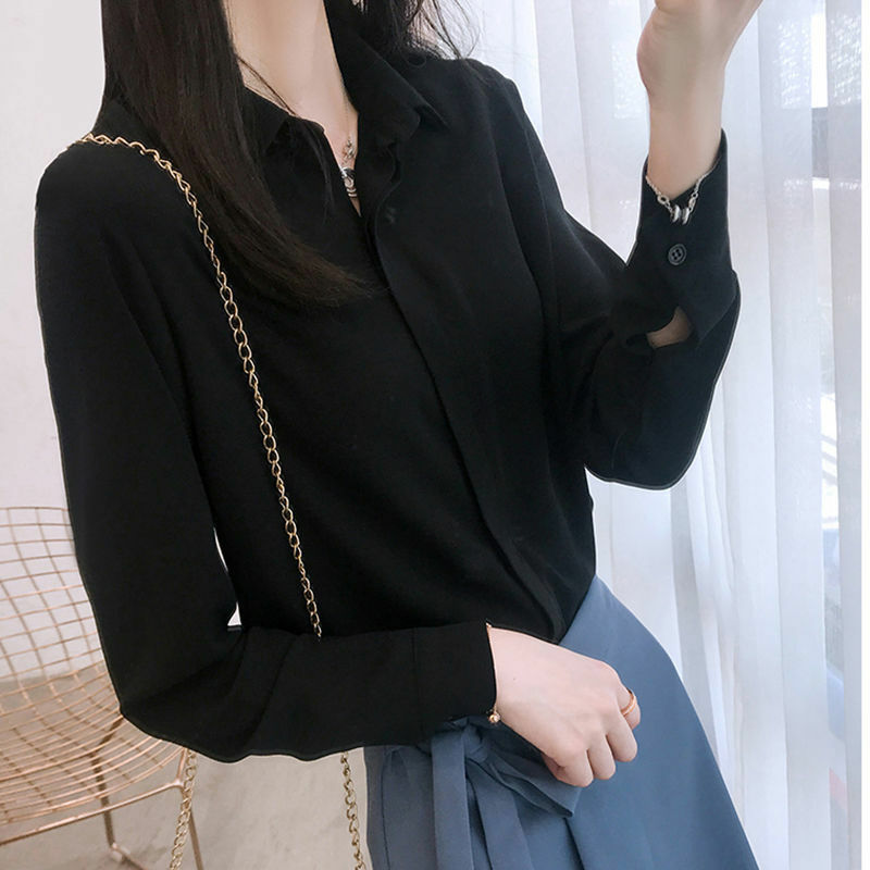 Базовая Универсальная рубашка-поло с длинным рукавом, однотонная простая офисная блузка, Элегантная модная женская одежда, весна
