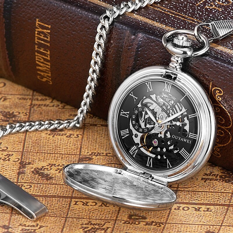 Jam tangan saku klasik pria, jam tangan mekanik Steampunk Vintage baja nirkarat jam tangan Fob perak emas hitam jam liontin