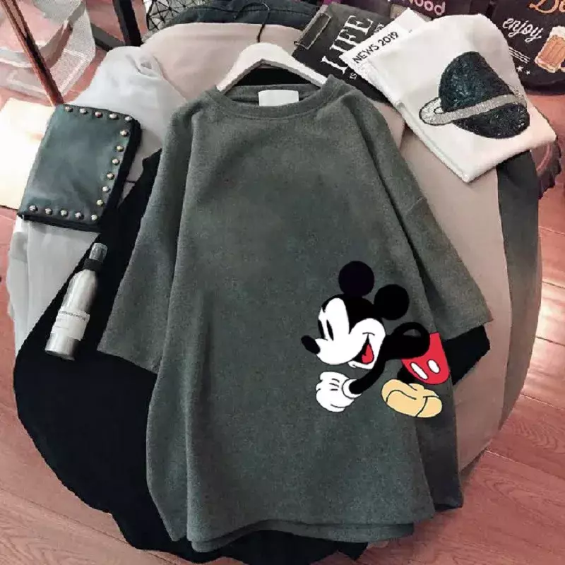Disney Mickey Mouse koszulka letnia kreskówka średniej długości koszulka z krótkim rękawem damska nowy Mickey luźny duży rozmiar pół rękawa Top