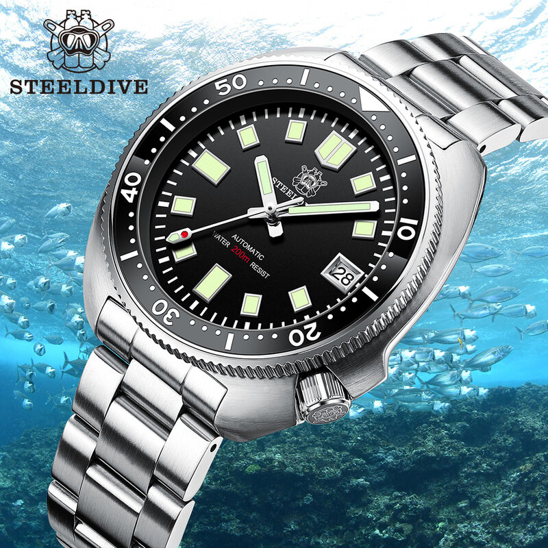 Steeldive-SD1970 Relógio de mergulho de vidro safira impermeável para homens, 200m, NH35, 44mm, moldura cerâmica, marca