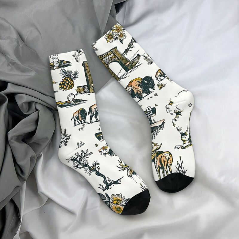 Śmieszne skarpetki męskie z wzorem podróży w parku narodowym Vintage Harajuku Yellowstone Hip Hop Novelty Casual Crew Crazy Sock Gift Printed