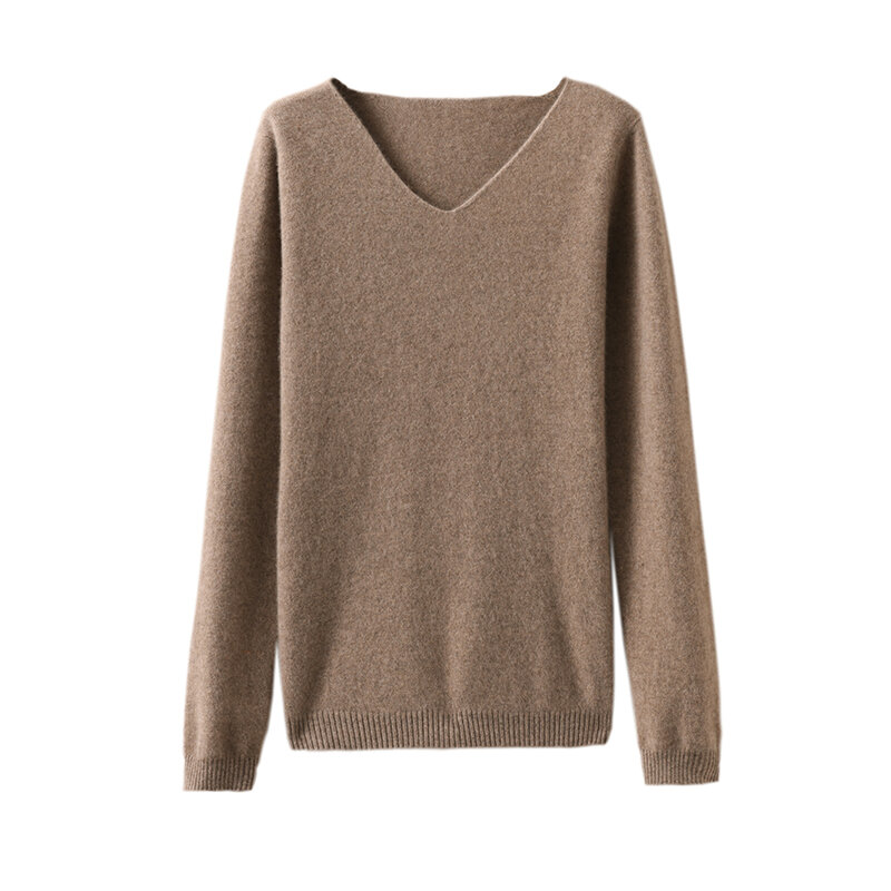 100% Sweater wol murni wanita Pullover V-neck musim gugur/musim dingin kasual atasan rajut warna Solid jaket wanita reguler panas