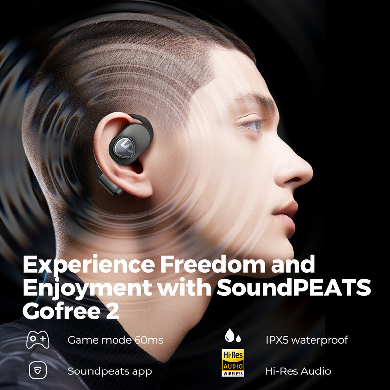 SoundPEATS GoFree2 Open-Ear Headphones with Stable Comfort & Hi-Res Sound, Bluetooth 5.3 Earbuds with Bass Boost & Total 35H