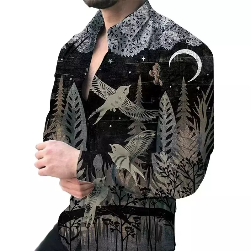 Мужской костюм с отложным воротником, рубашка с длинными рукавами, с молнией, с прозрачными линиями, графика, Повседневная Уличная винтажная Мужская одежда, модель 2023 года