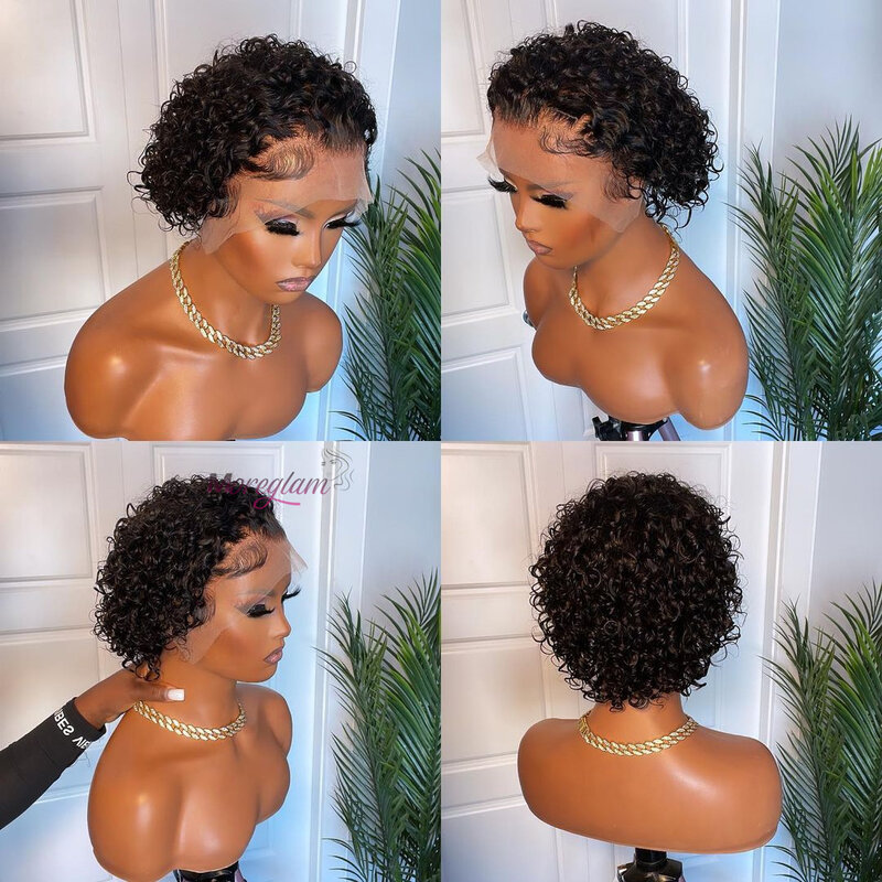 Короткий парик-фаллоимитатор, недорогой Парик HD с прозрачной кружевной передней частью, Короткие вьющиеся человеческие волосы, парики для чернокожих женщин с глубокой волной, парик на сетке спереди