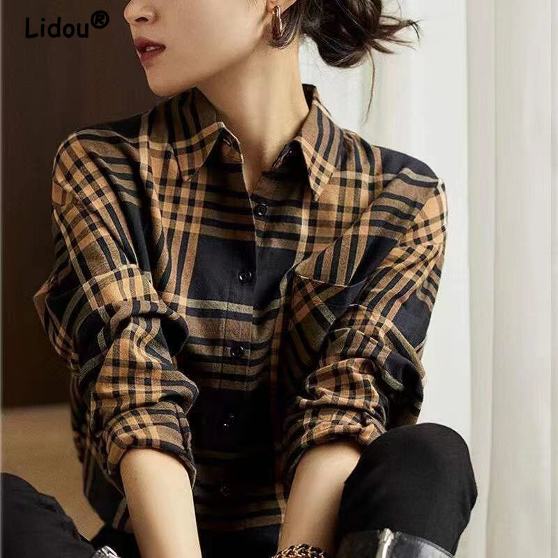Spring Autumn Temperament Elegant Fashion Polo-Neck Single Breasted Blouses 2022 New Office Lady Shirt T-Shirt Chic Plaid Top