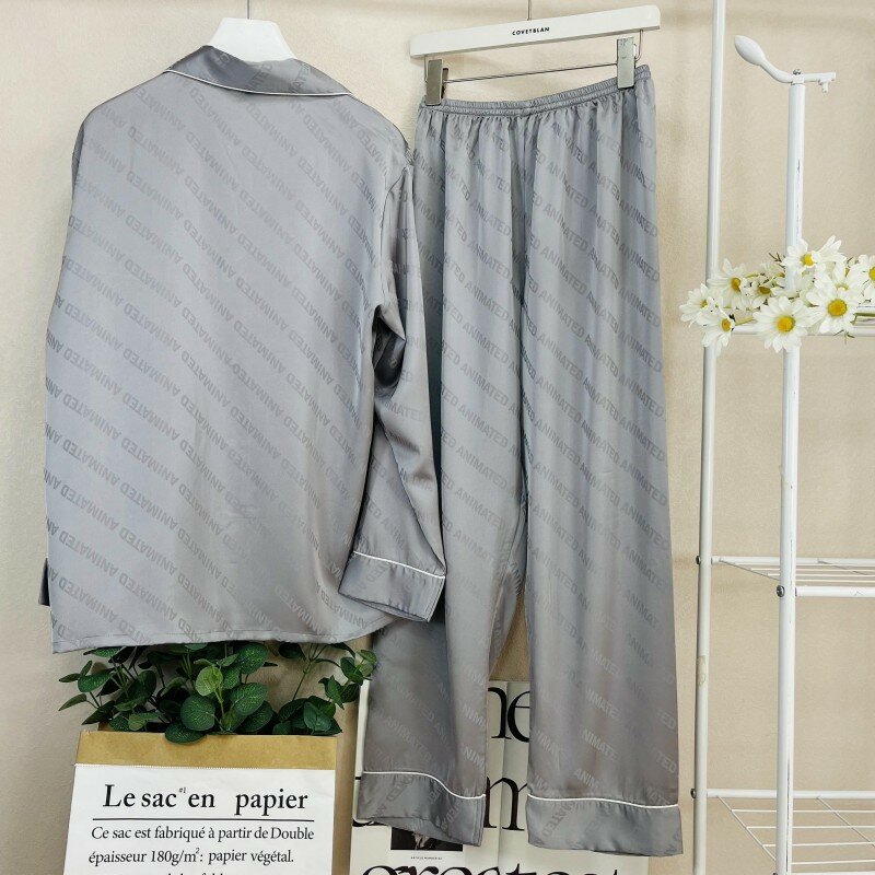 Summer New Pajamas Suit Rayon Home Clothes Loose Long Sleeve Shirt&pants Jacquard Nightwear Grey 2Pcs Loungewear for Male